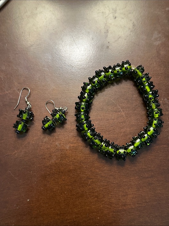 Jewelry - Handmade Green and Black Lampwork Beaded Bracelet and Earring Set